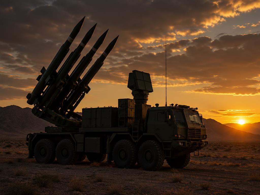 Interceptor missile defense system at dusk